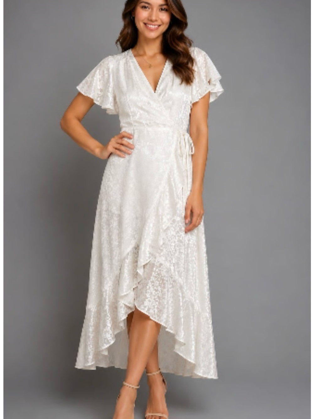Altar'd State Dress Womens M
White Floral Jacquard Ruffle Wrap
Maxi Bridal